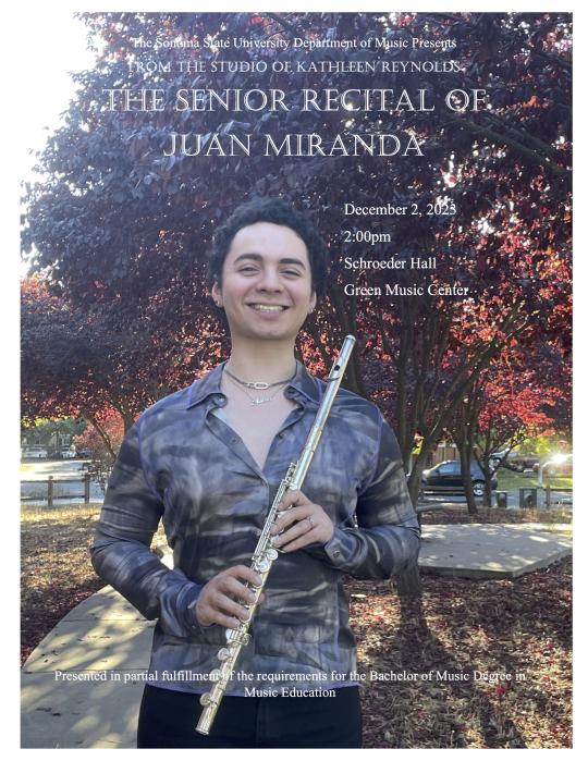 Juan Miranda senior recital poster with Juan smiling and holding a flute