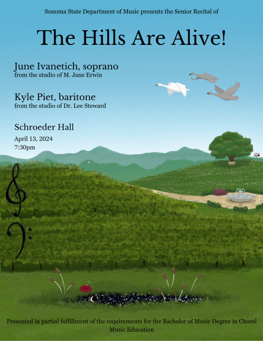 The Hills Are Alive senior recital poster for June Ivanetich and Kyle Piet