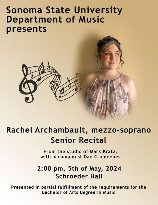 Rachel Archambault senior recital poster with headshot and floating music notes
