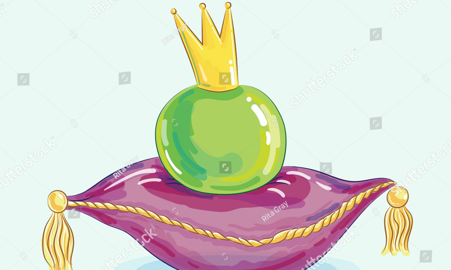 a cartoon pea sitting on a magenta pillow with yellow tassels and wearing a gold crown