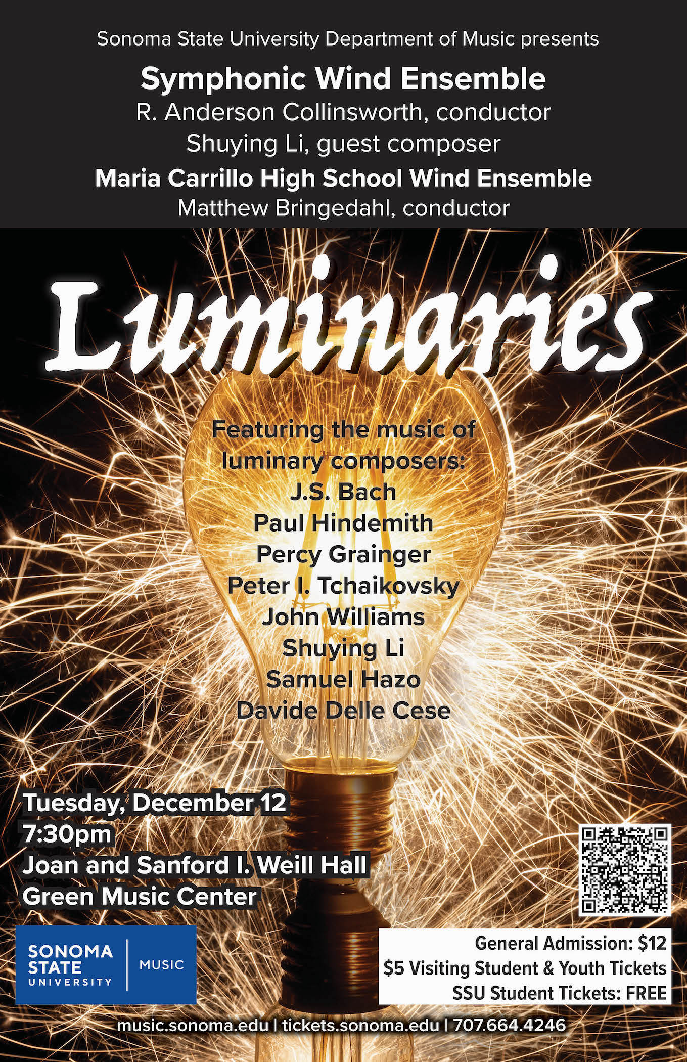 Luminaries poster with lightbulb with sparks flying behind it